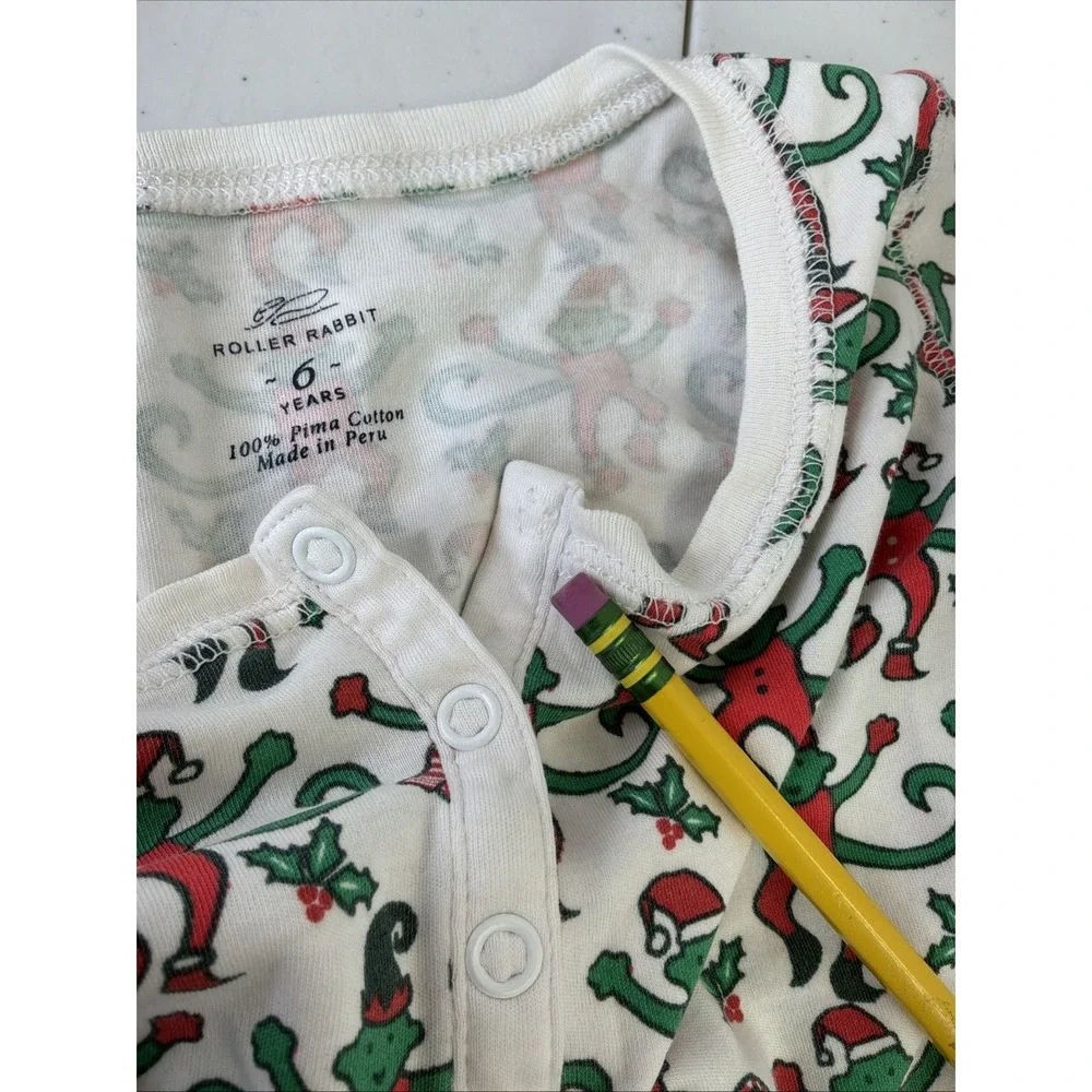 ROLLER RABBIT Kids Merry Monkey Christmas Pajama Top 100% Pima Cotton Sz 6yrs
